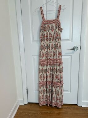 Sincerely Jules Block Print Tiered Maxi Dress Boho Floral Size L